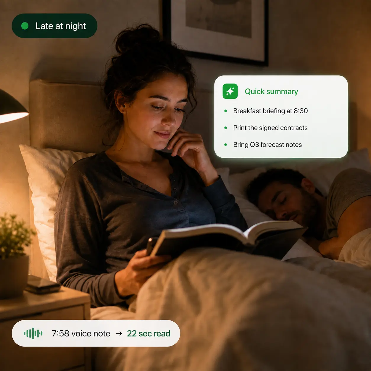 Reading a summary in bed at night