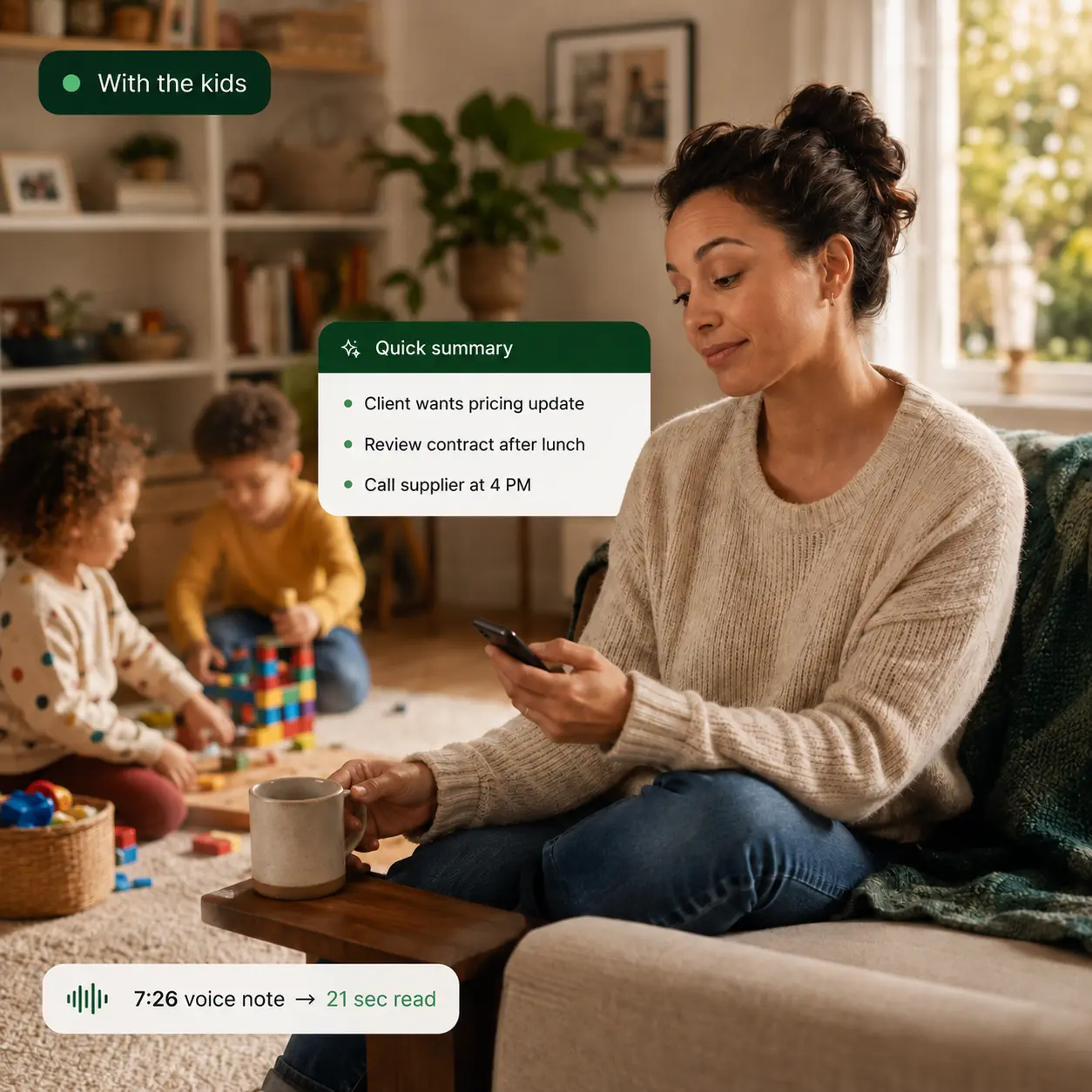 Parent reading a voice-note summary at home with kids